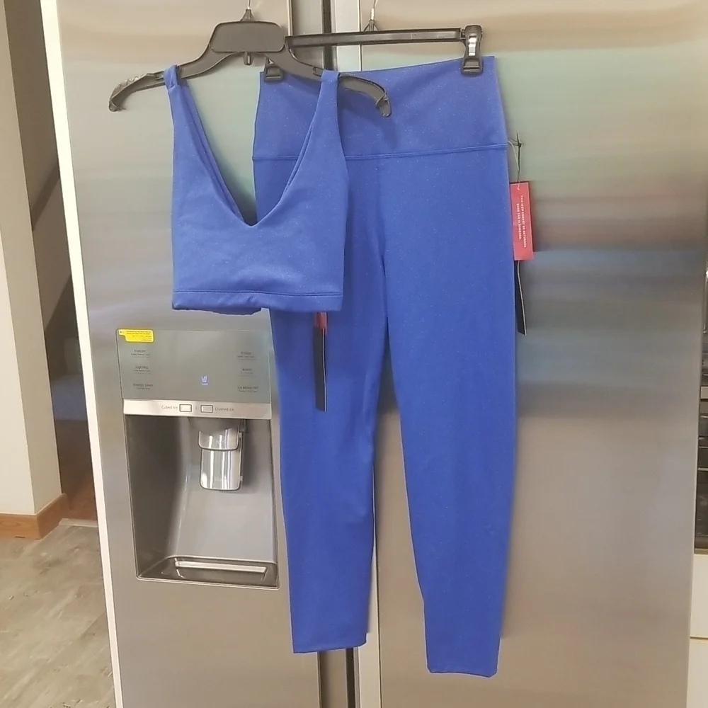 💕CARBON38💕 Shine Powder Set Cross Back Bra + 7/8 Legging Cobalt Blue Large NWT